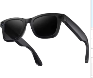 Black AI camera smart glasses with dark lenses, side profile view