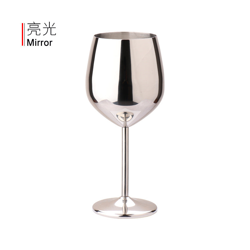 Mirror-finish stainless steel wine goblet with rounded bowl, stem, and wide round base
