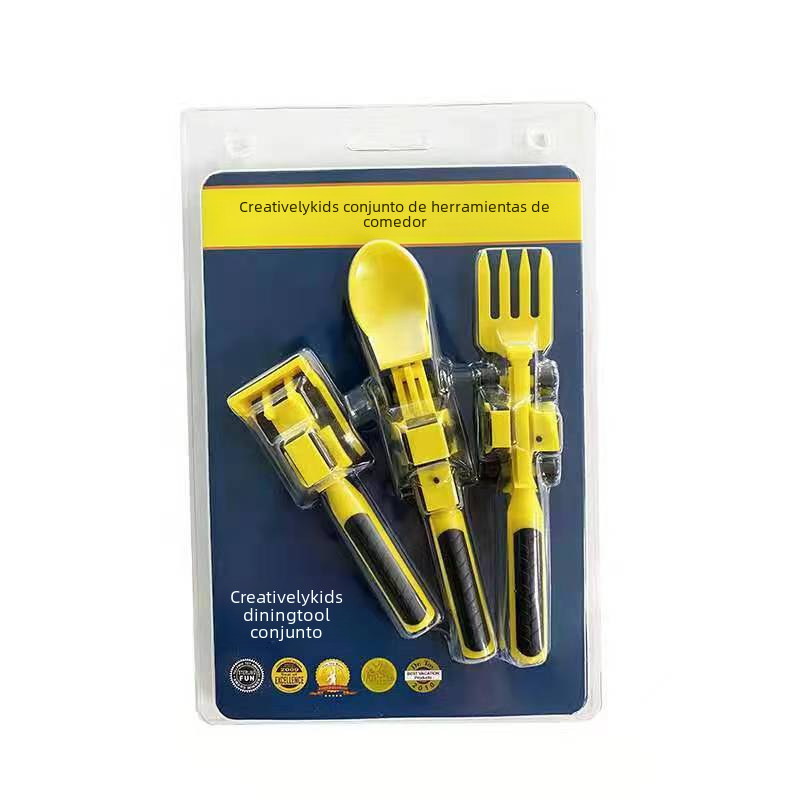 Kids utensil set with yellow spoon and fork, boxed with construction-theme design