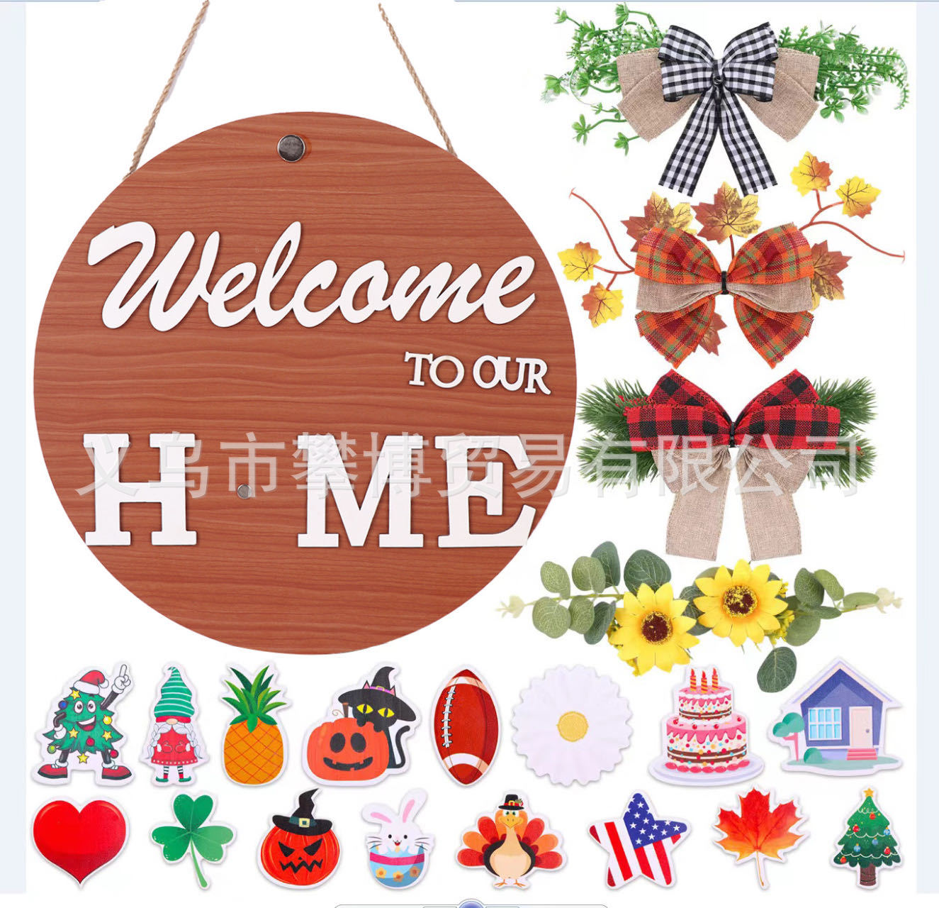 Rundes Holz-Willkommensschild, „Welcome to our Home“, mit dekorativer Herbstschleife