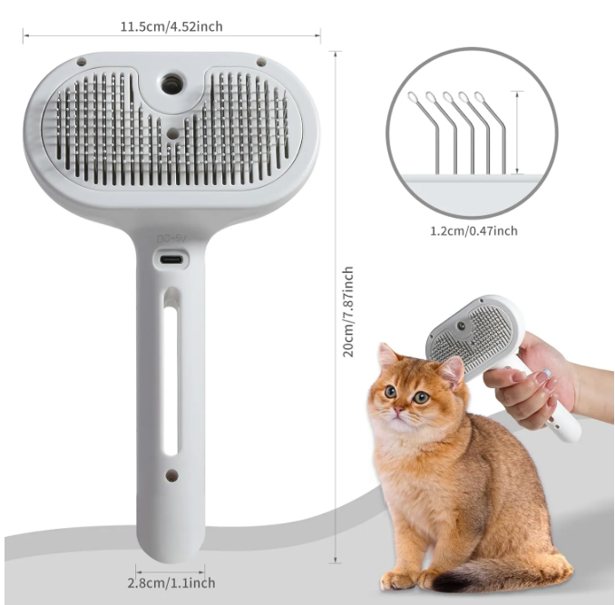White pet hair spray brush, pin bristle head with spray opening and handle grip