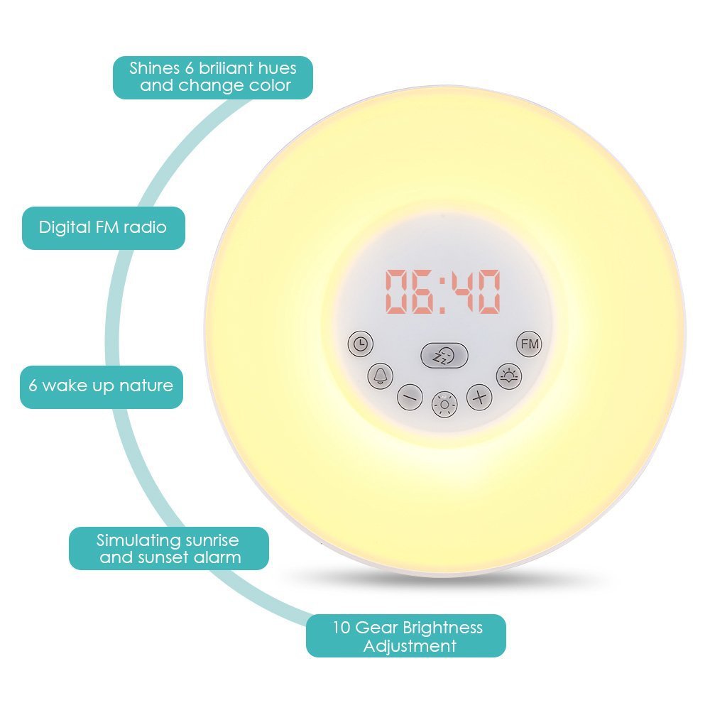 Yellow-lit alarm clock radio display with red digits 06:40 and control buttons