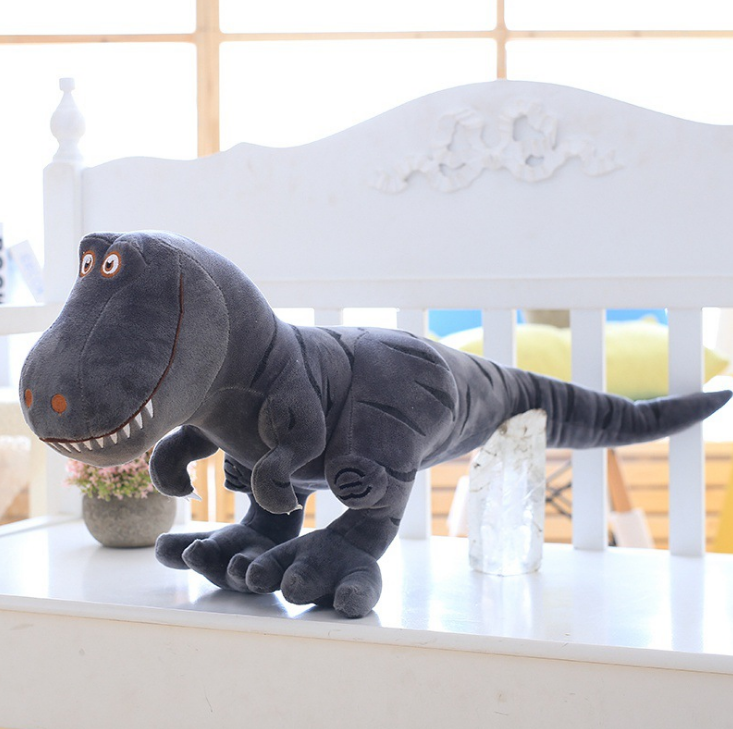 Gray plush T-Rex toy with soft fabric belly, stitched claws, and rounded eye details