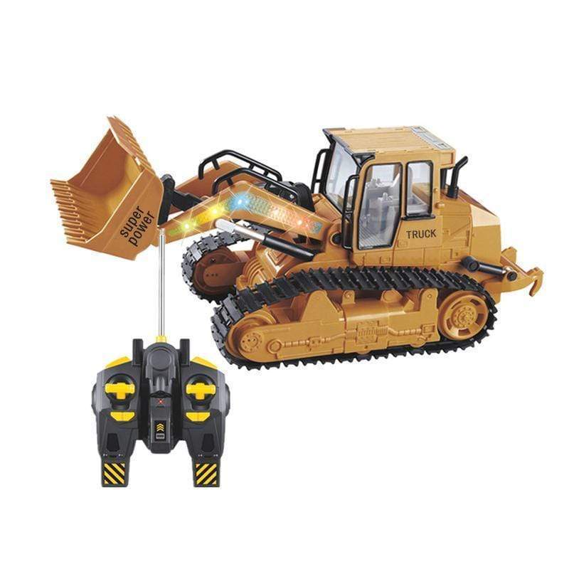 Yellow RC bulldozer excavator toy with front scoop, tracks, and handheld controller