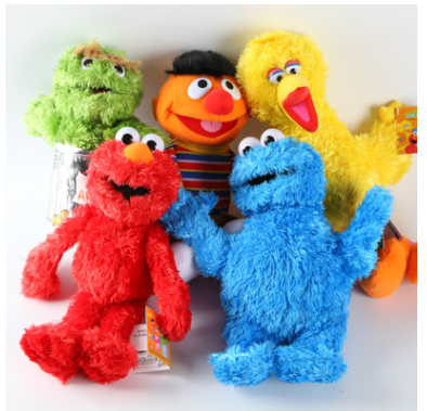 Assorted Elmo plush dolls in red, orange, blue, yellow, and green