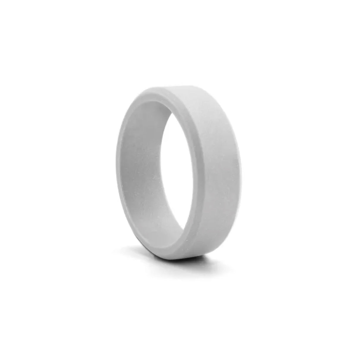 Silver stainless steel men’s sports ring, three-quarter side view