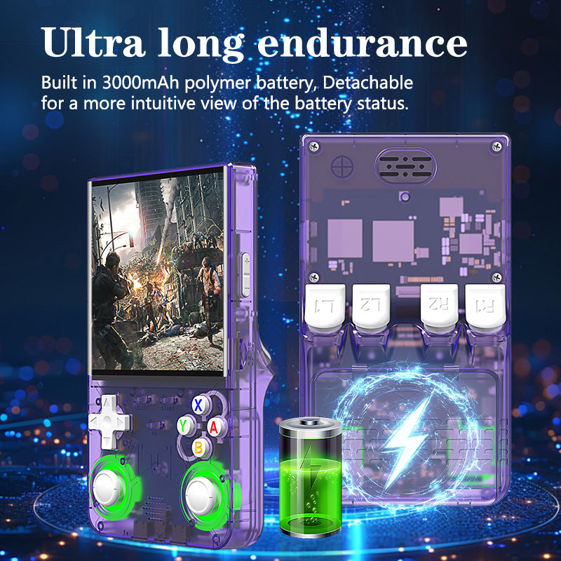 Purple handheld game console with detachable battery shown beside the device