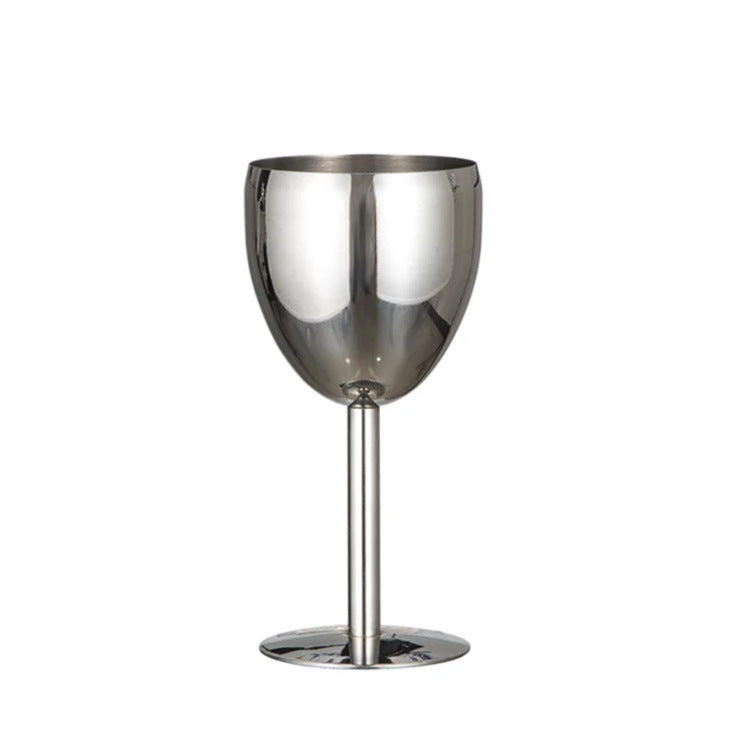 Polished stainless steel wine goblet with tapered bowl, straight stem, and circular base