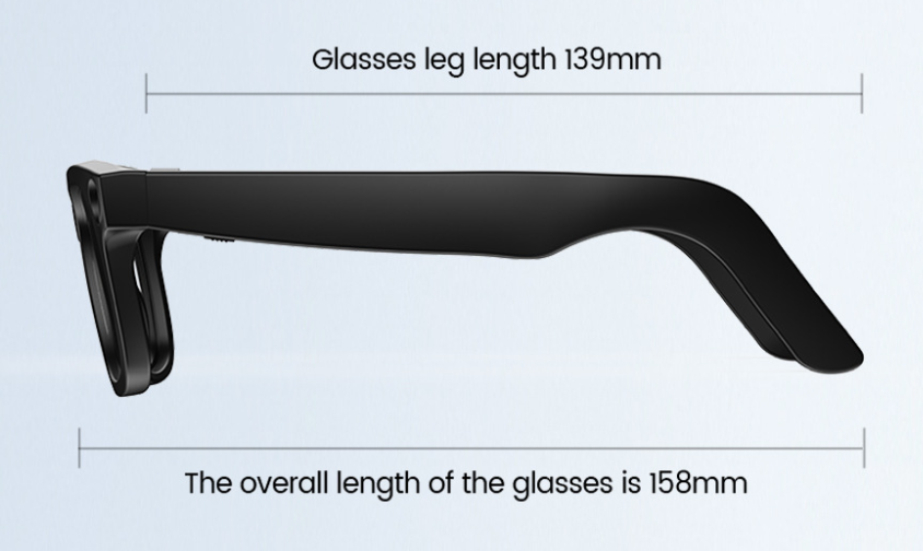 Black AI smart glasses, temple side profile with lens frame and camera bump