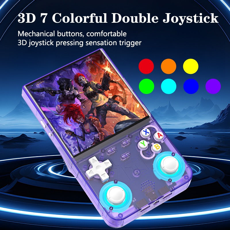 Purple handheld game console with 4-inch HD display, cross buttons and dual thumbsticks