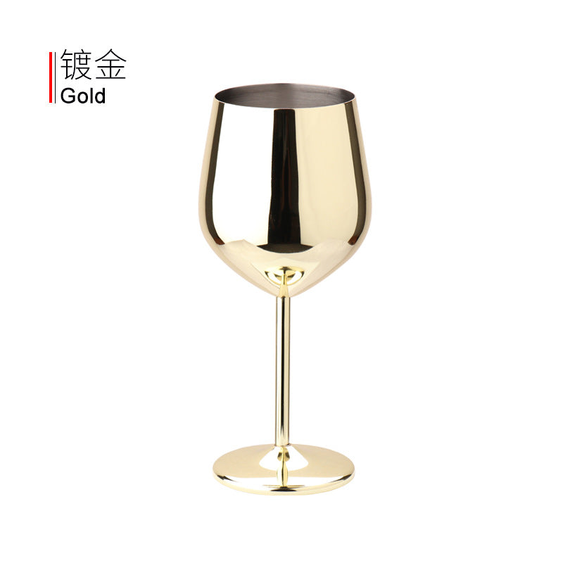 Gold-plated stainless steel wine goblet with tapered bowl, stem, and round base
