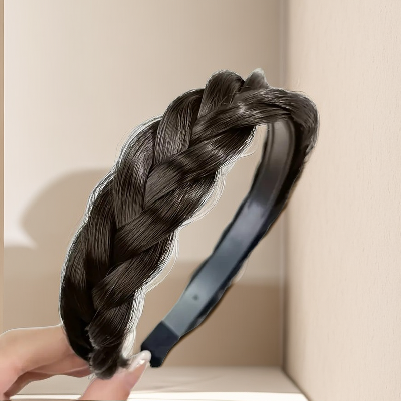 Four-strand twist braid headband in dark brown with curved braid
