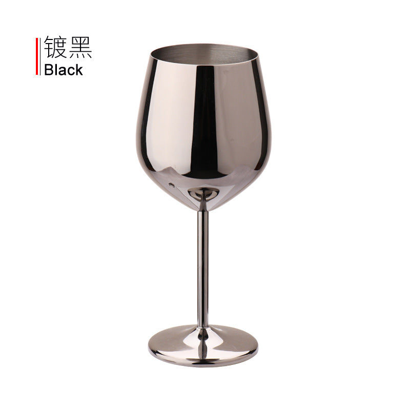 Black-plated stainless steel wine goblet, curved bowl and pedestal base