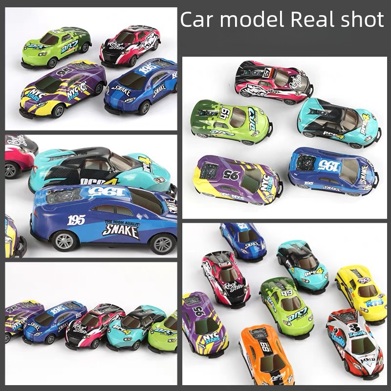 Alloy bouncing car model: mini racing cars in assorted colors, side-by-side.