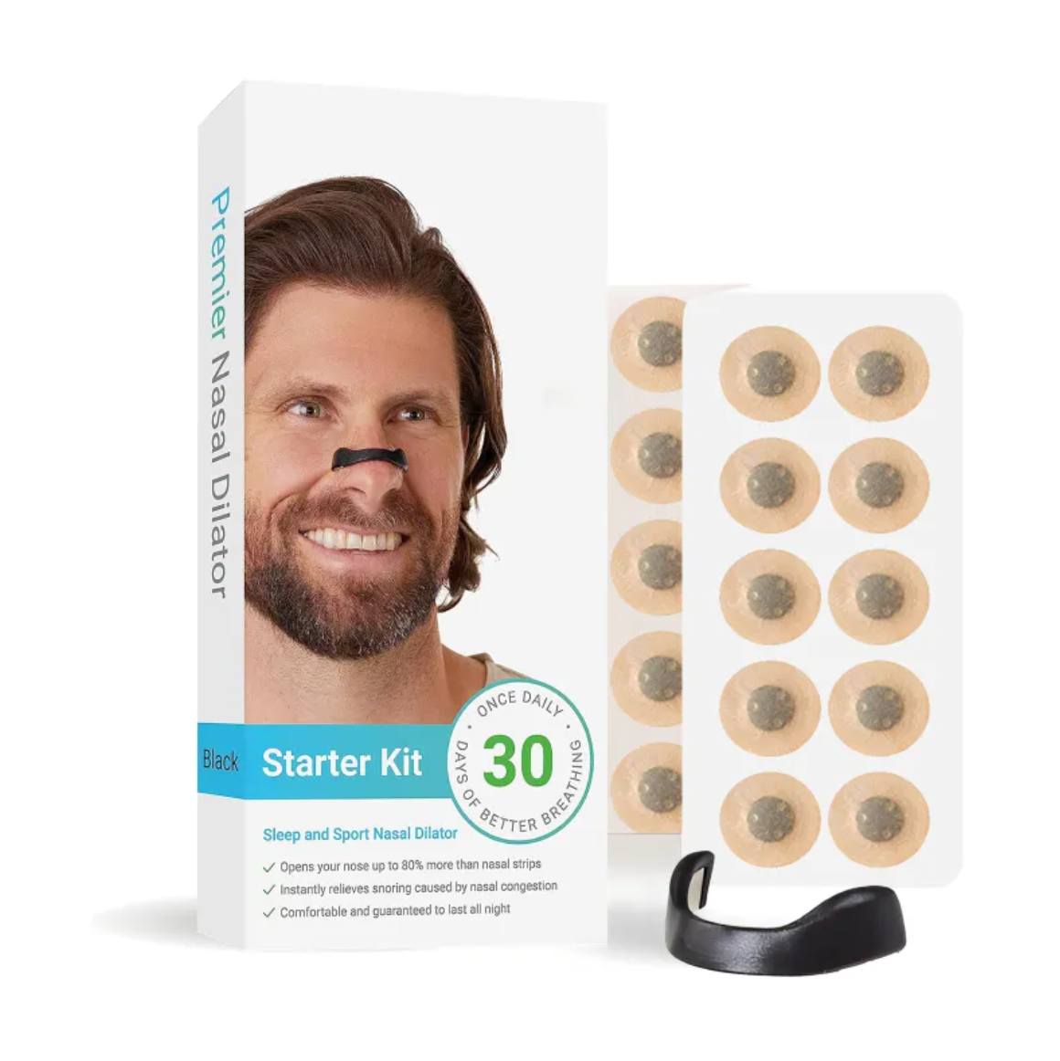 Breathe Easy Nasal Dilators black starter kit showing 30 nose patches and black dilator