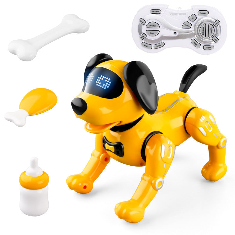 Yellow programmable remote robot dog toy with handheld controller, glowing head light and wag stance