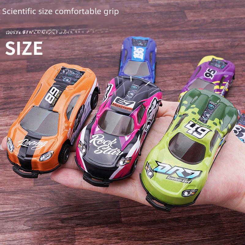 Mini racing alloy bouncing cars in hand: orange, pink, green, and blue mini models.
