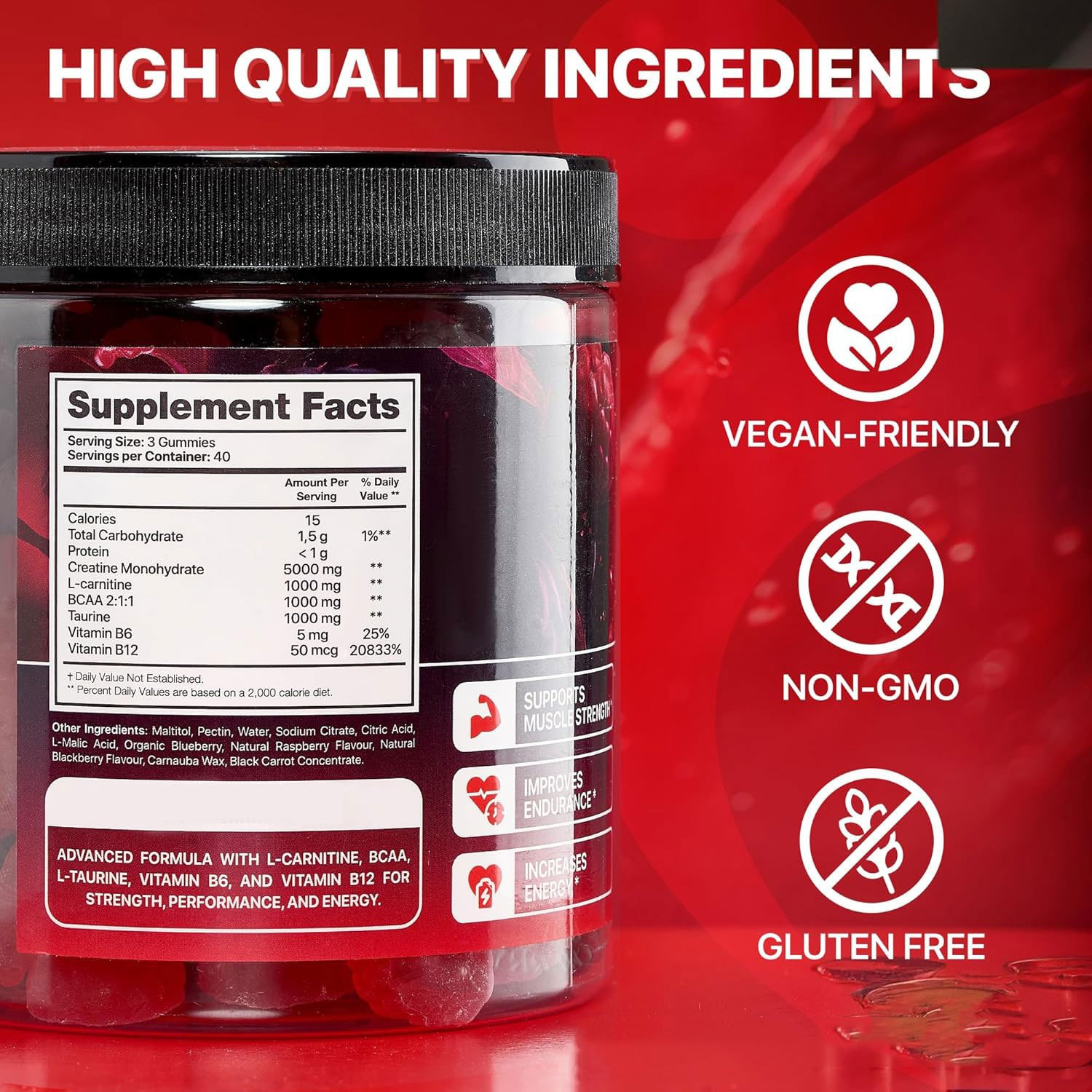 Creatine monohydrate gummies supplement facts panel and vegan-friendly, gluten-free icons