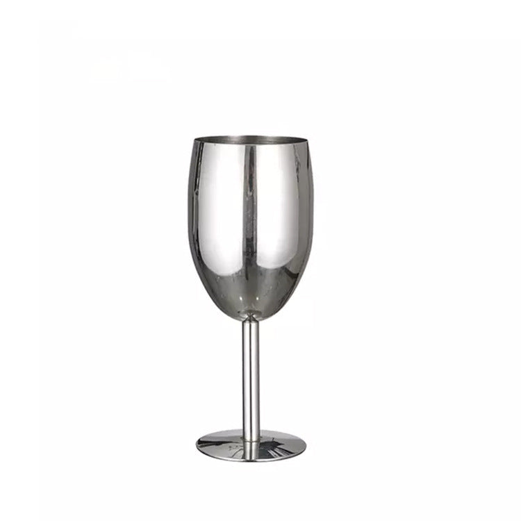 Polished stainless steel wine goblet, mirror finish, rounded bowl and pedestal base
