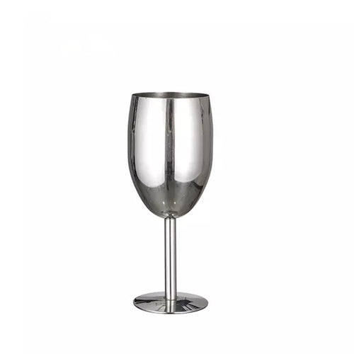 Polished stainless steel wine goblet, mirror finish, rounded bowl and pedestal base