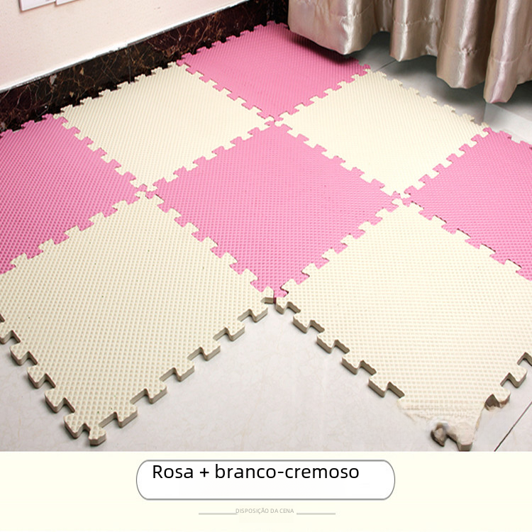 Pink and cream foam puzzle floor mat with interlocking tiles and textured pattern