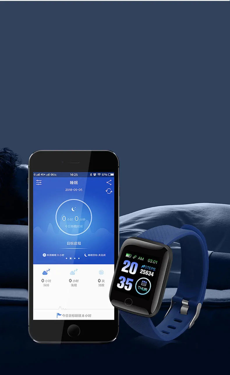 Waterproof unisex smart watch with blue strap beside a phone screen app display