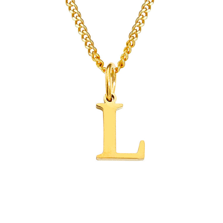 Gold letter L pendant necklace with curb chain close-up