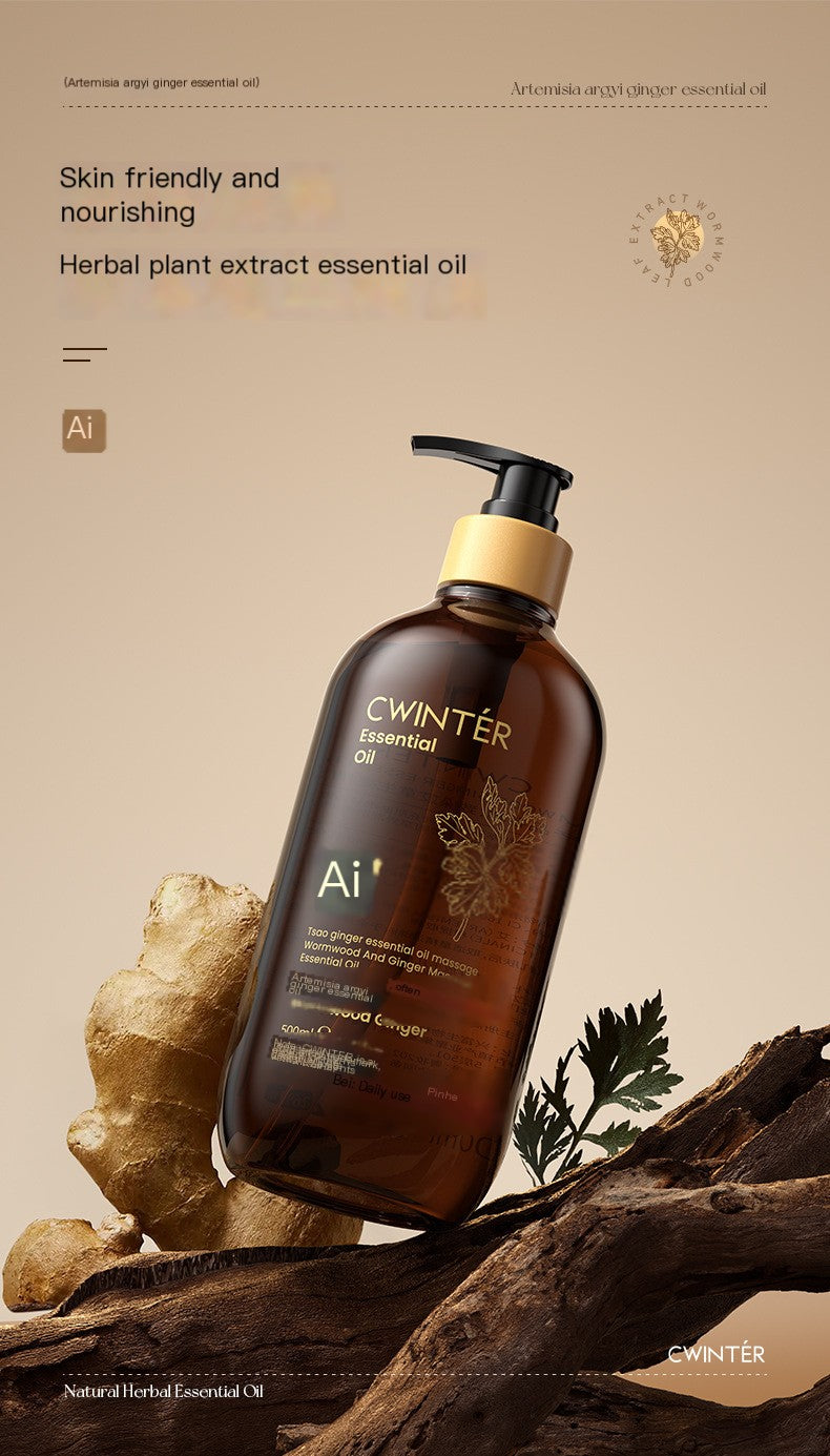 Ginger essential oil bottle with black pump and herbal ginger/wormwood design, 500ml.