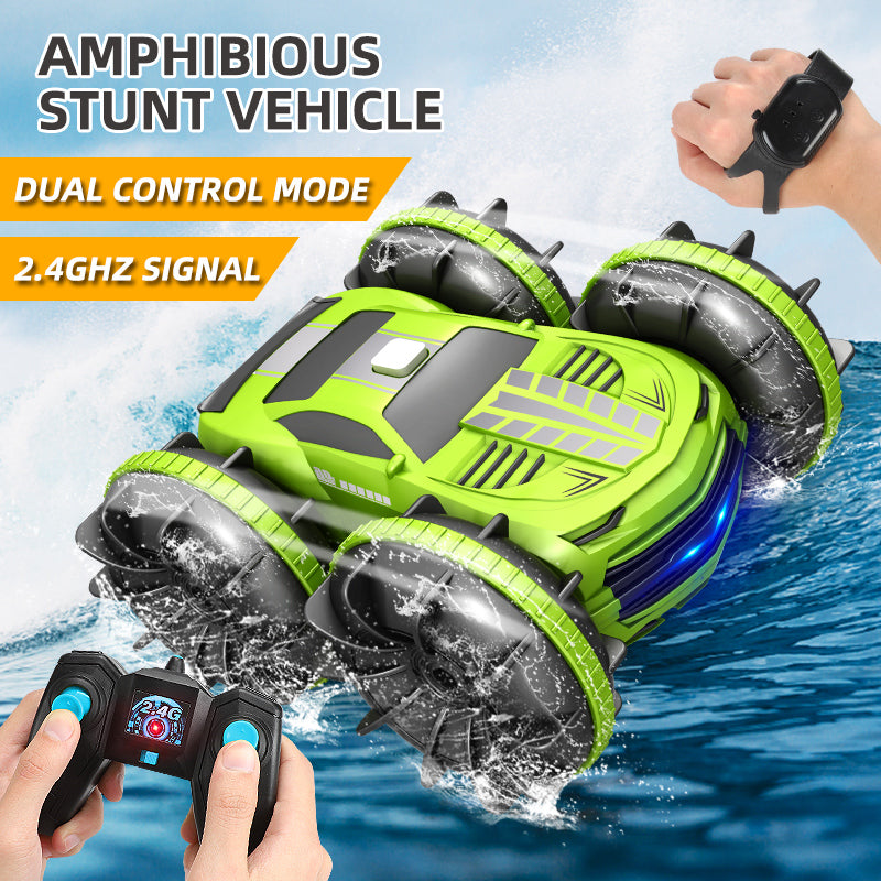 Green amphibious stunt car with blue underglow and splash-ready tread wheels