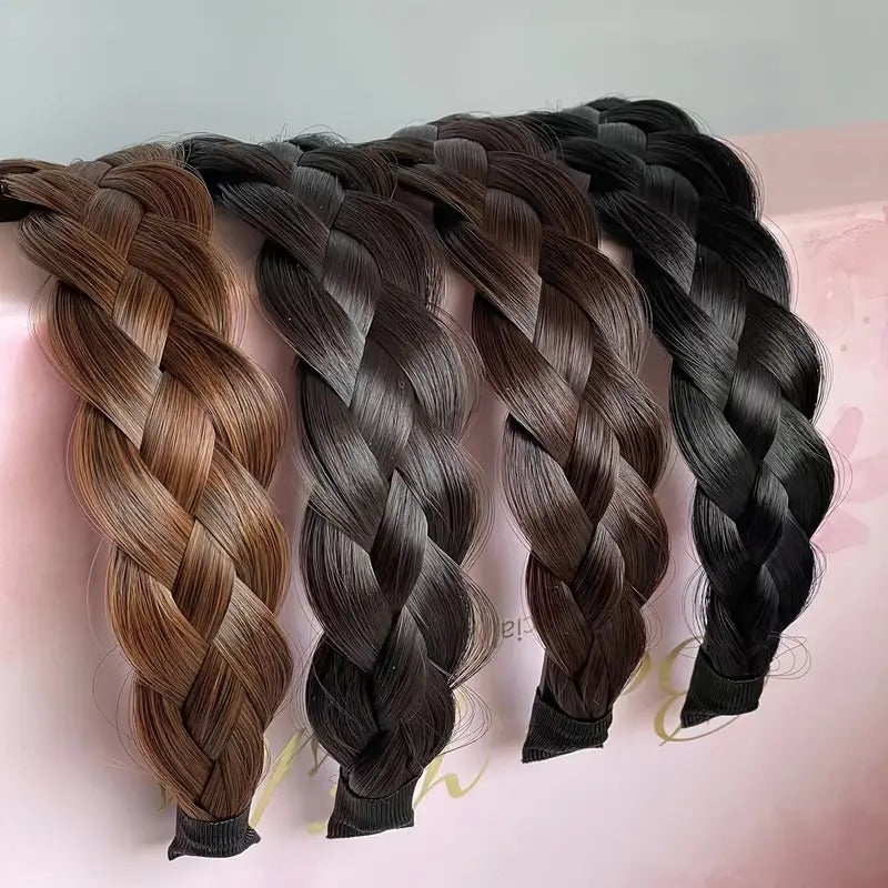 Four-strand twist braid headband set with mixed dark and natural black braids