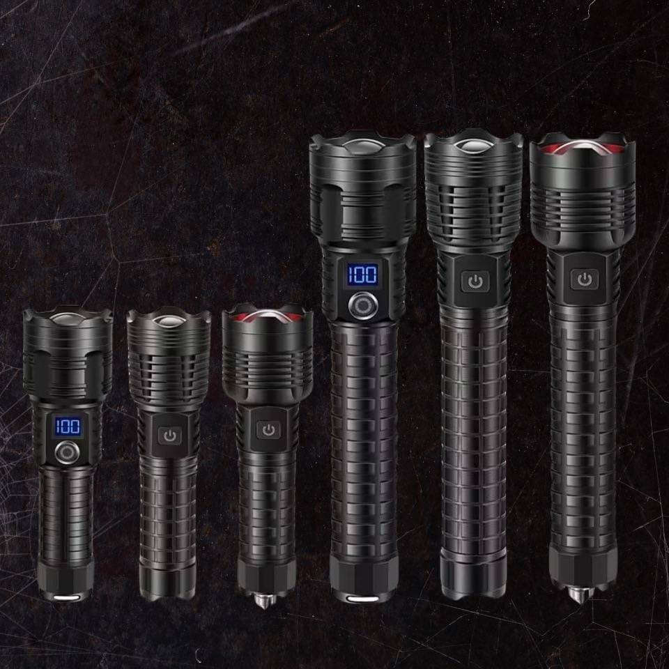Set of rechargeable LED flashlights with digital screens and power buttons