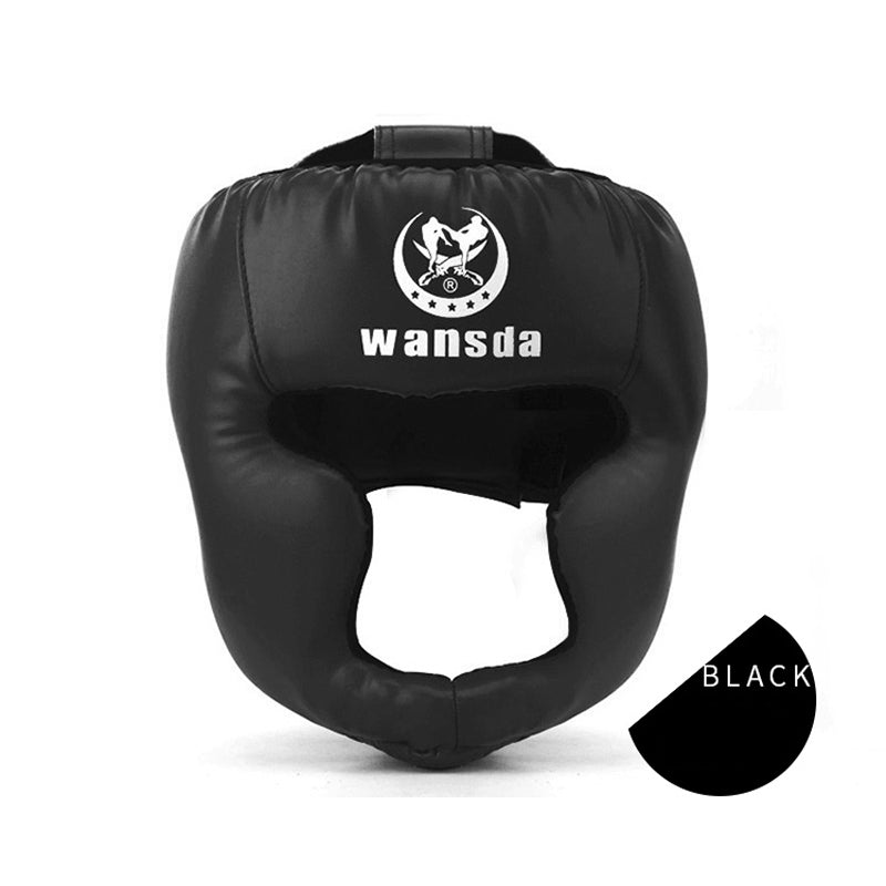 Black MMA/boxing headgear with face opening and forehead padding, front logo panel
