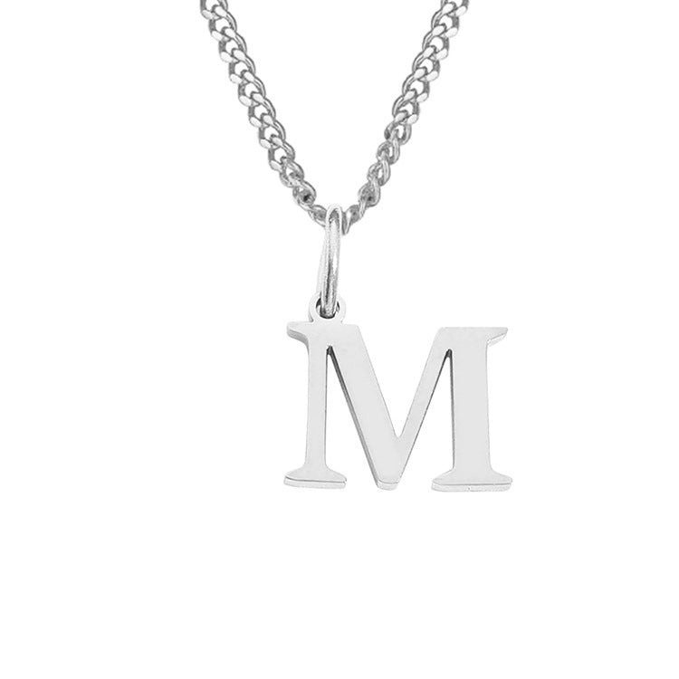 Stainless steel letter M necklace with chain and drop pendant, silver-tone