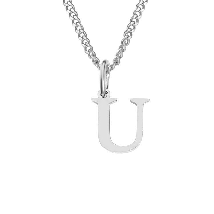 Stainless steel necklace letter U pendant on chain, silver-tone