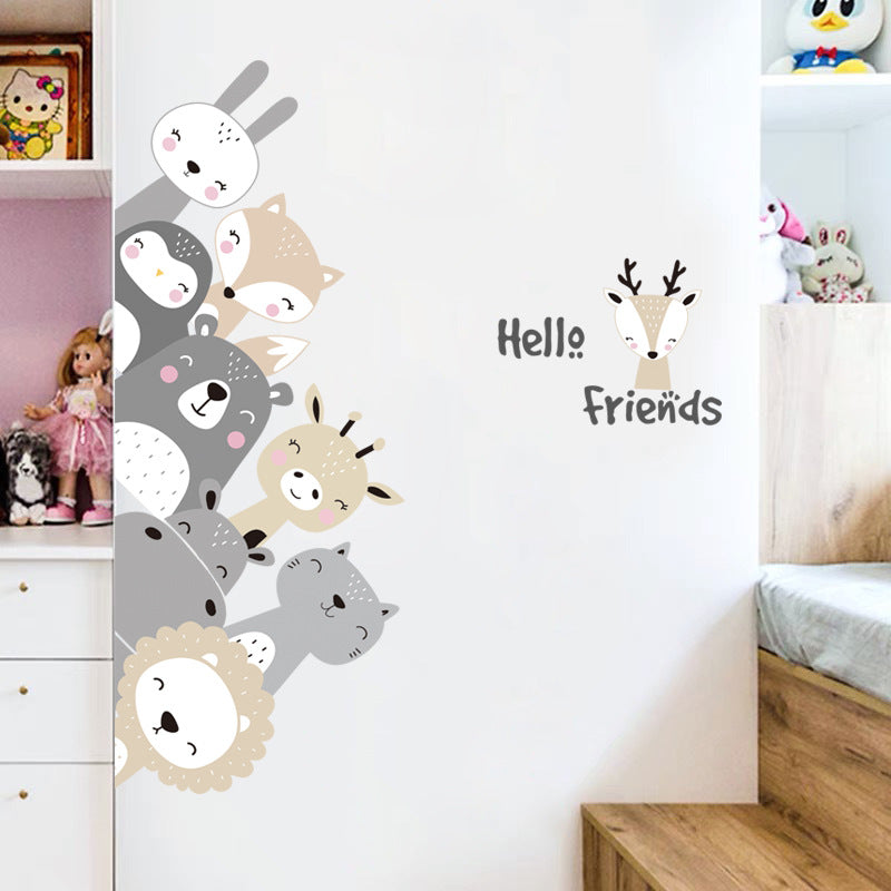 Smiling animal wall stickers: rabbit, fox, bear, lion, and wolf faces with “Hello Friends”
