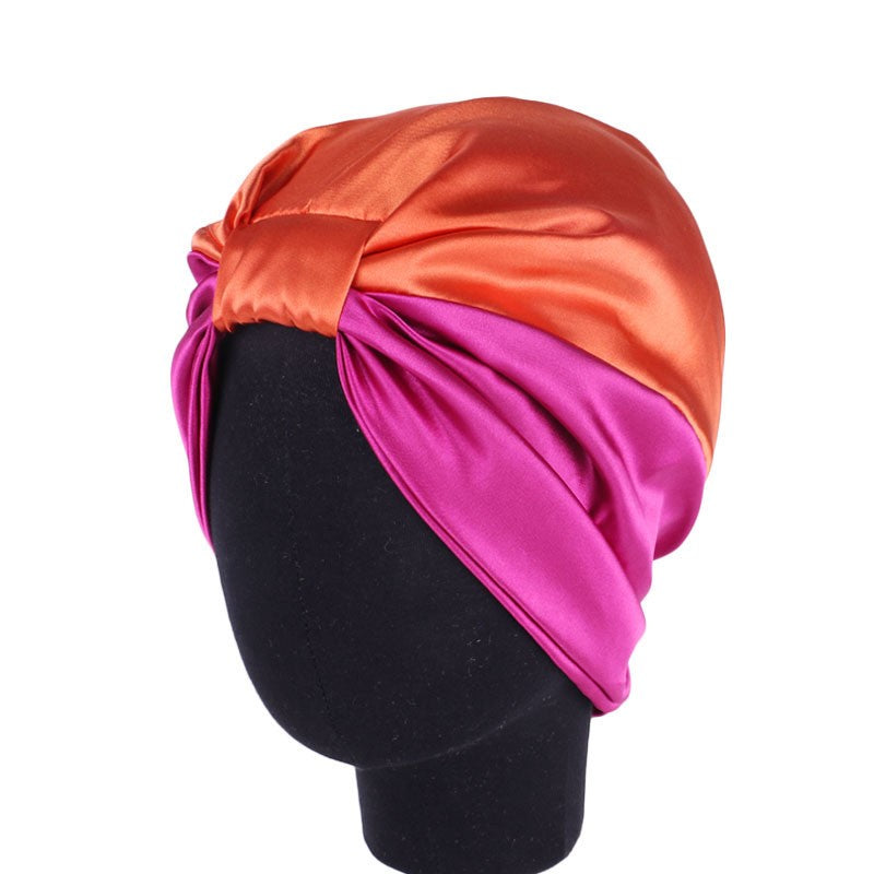 Satin-Schlafhaube doppellagig: orange Oberseite mit pinkviolettem Seitenfalten