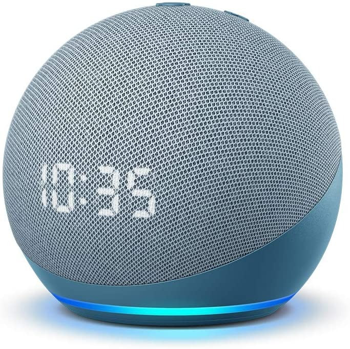 Alexa-fähiger Smart Speaker in Hellblau mit blauem LED-Rand und Stoffoberfläche
