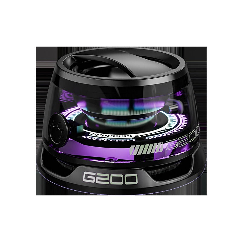 Black mini Bluetooth magnetic wireless speaker with “G200” front panel and purple LED accents