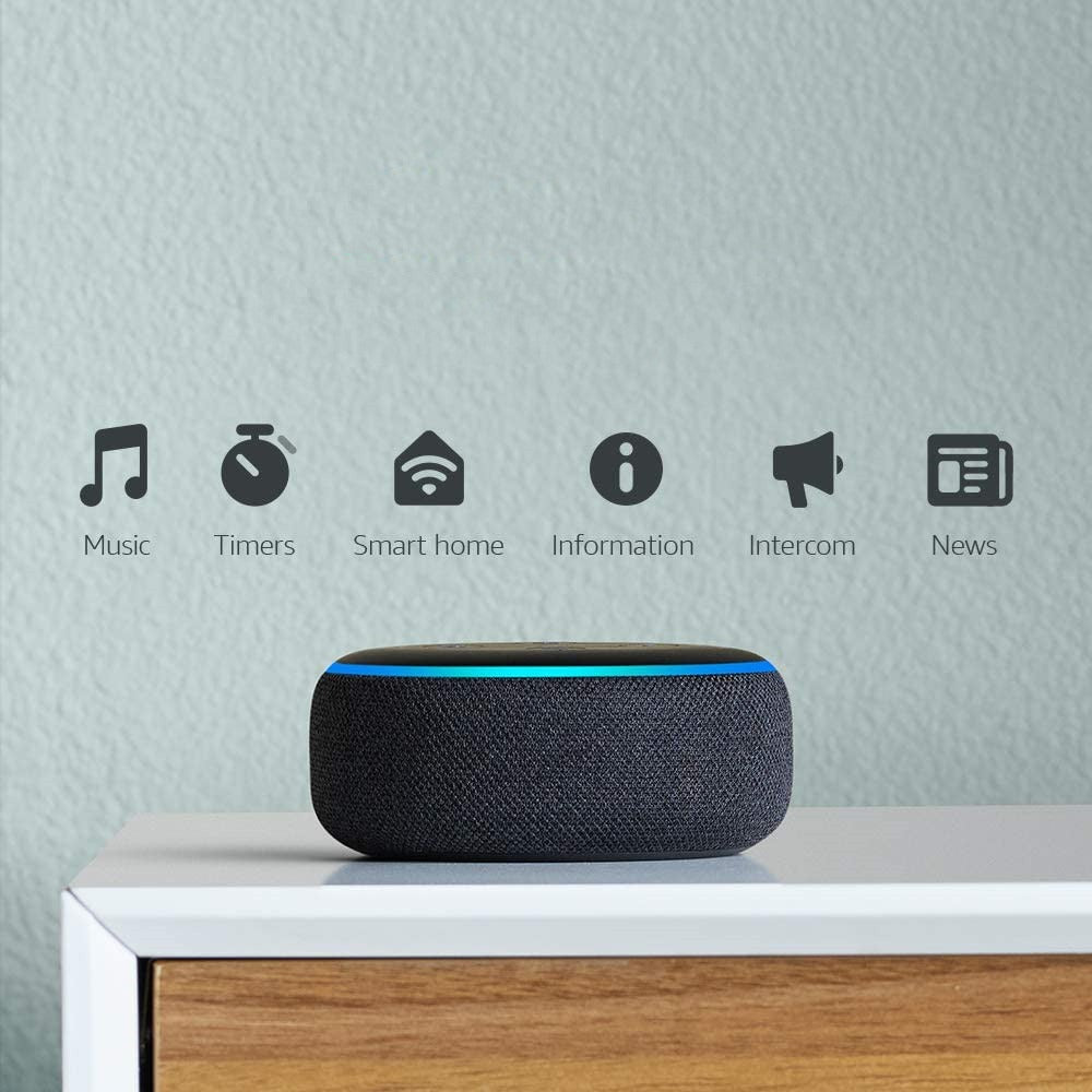 Dark grey smart speaker with blue ring and app icons above