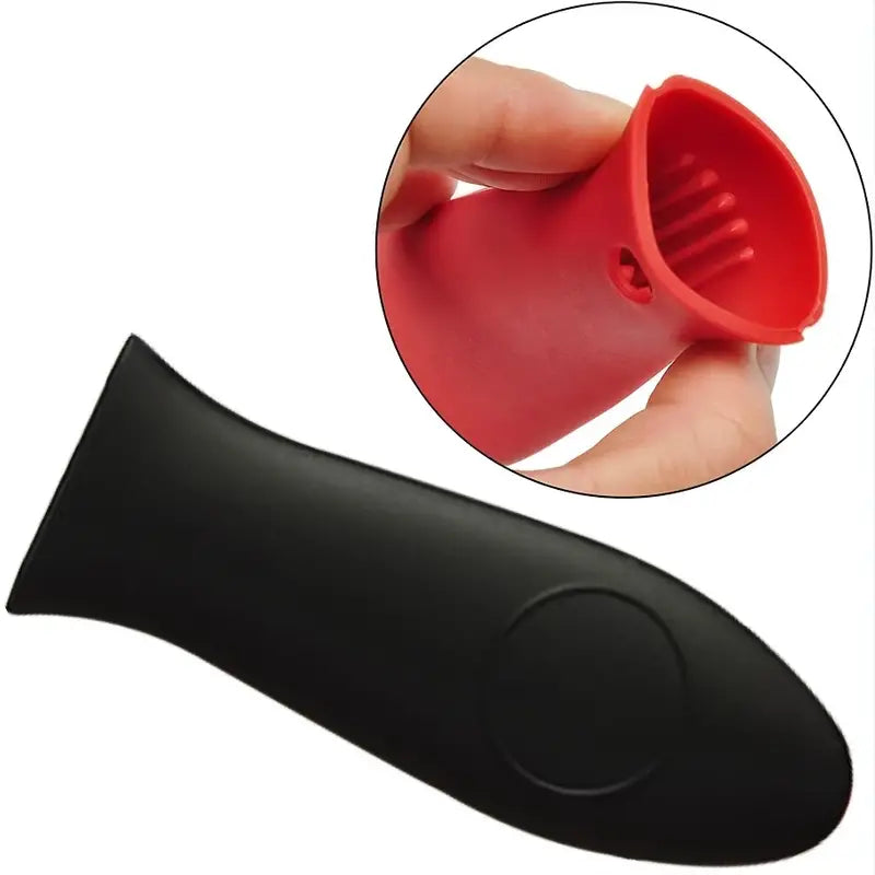 Black silicone hot handle holder with oval pad; inset shows red color option in close-up