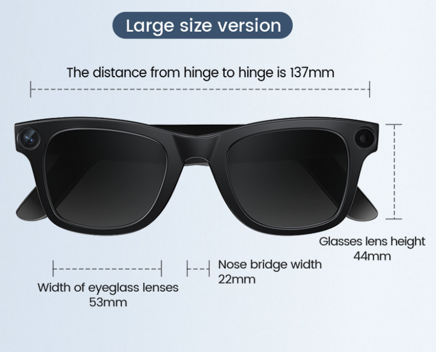 AI camera smart glasses size diagram for large version: lens width and bridge