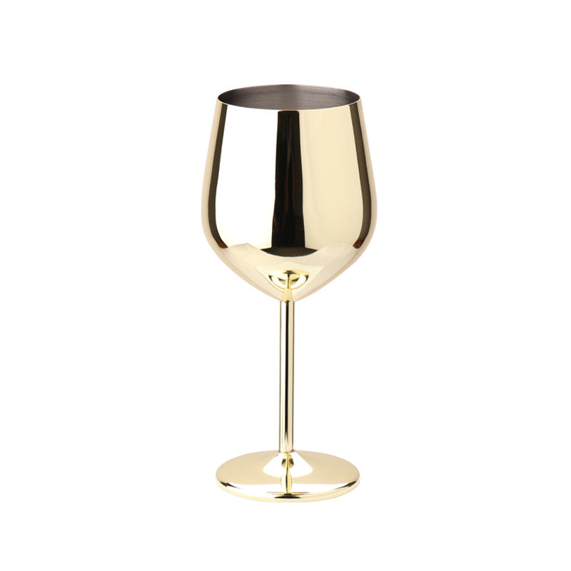Gold-plated stainless steel wine goblet, reflective bowl on a long stem with round foot