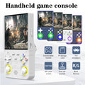 White handheld retro game console with dual joysticks and colored action buttons