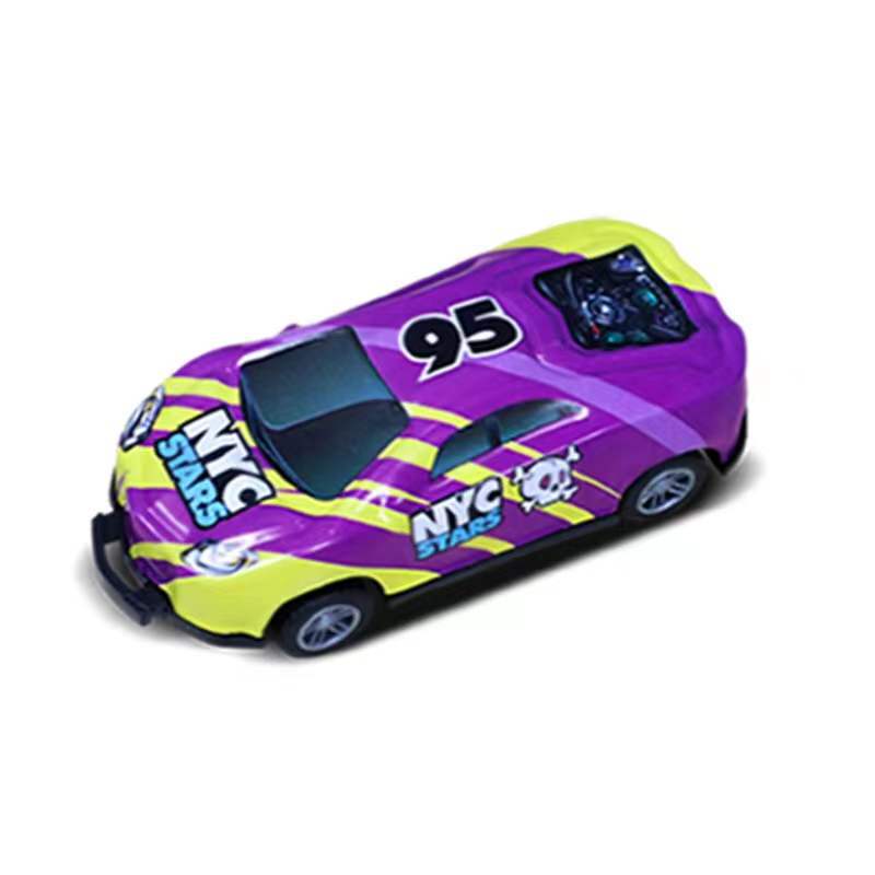 Mini alloy bouncing racing car, purple with green accents and 95 logo