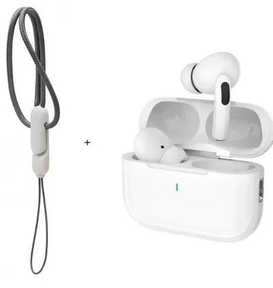 Weiße In-Ear Bluetooth-Ohrhörer mit Ladecase und Ladekabel mit Schlaufe