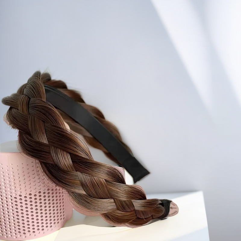 Four-strand twist braid headband in medium brown, braided hair twist