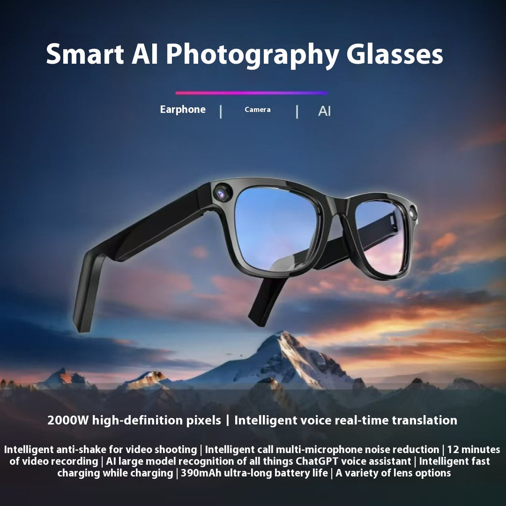 AI Camera Smart Glasses with black frame and blue-tinted lenses