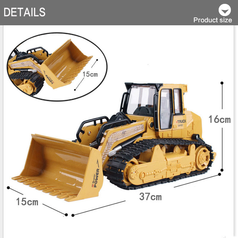 Yellow RC bulldozer excavator toy with scoop and tracks, size markers shown