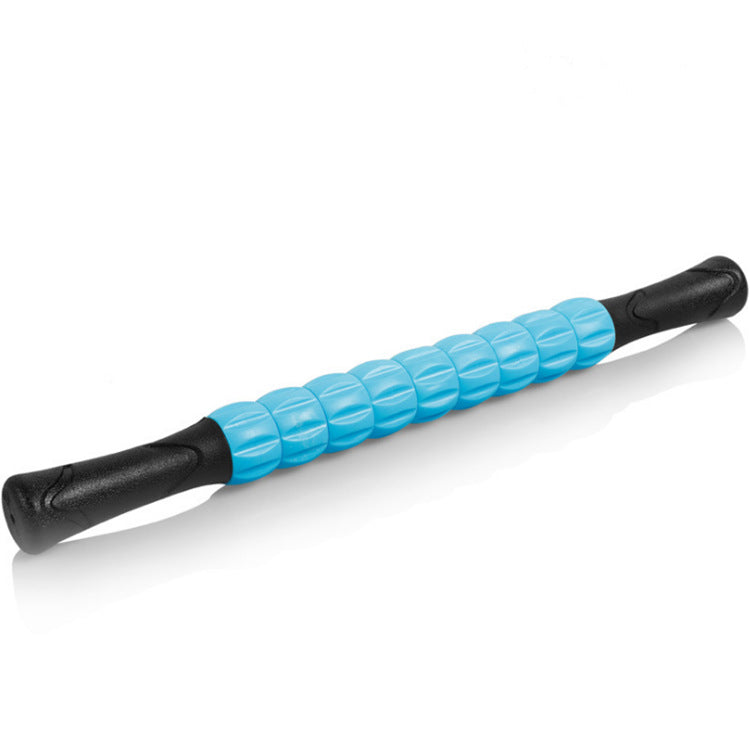 Muscle massage stick with blue roller beads and black end caps