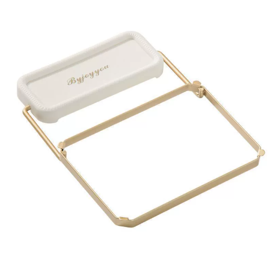 Sink strainer rack with white mat and gold frame, rectangular draining tray